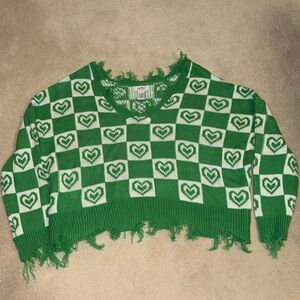 Just pretty New York large green and white checkered with hearts loose sweater